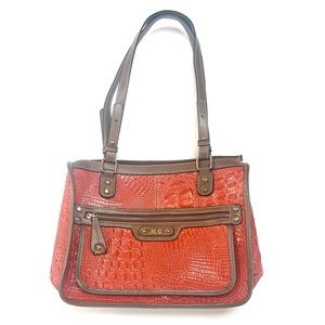 Marc Chantal Orange Embossed Croc Feux Leather Tote Bag